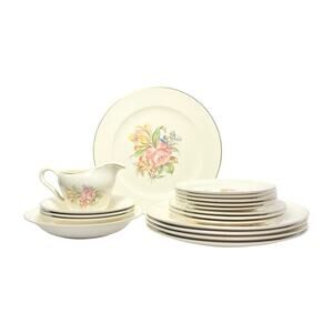 1940s Edwin Knowles 18-Piece Ceramic Dinnerware Set, Floral Motif